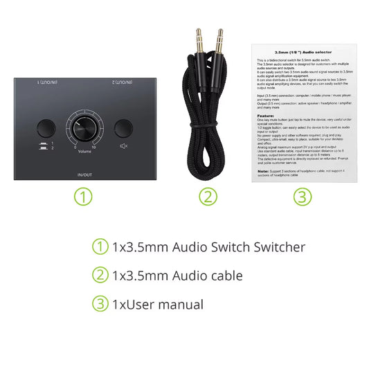 2 Way Bi-Directional Audio Switcher Stereo Hifi Audio Switcher Splitter Audio Switch Two-Way Switch 2 in 1 Out/1 in 2 Out